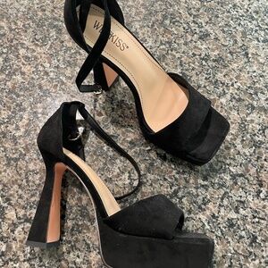 Wet Kiss black suede heels